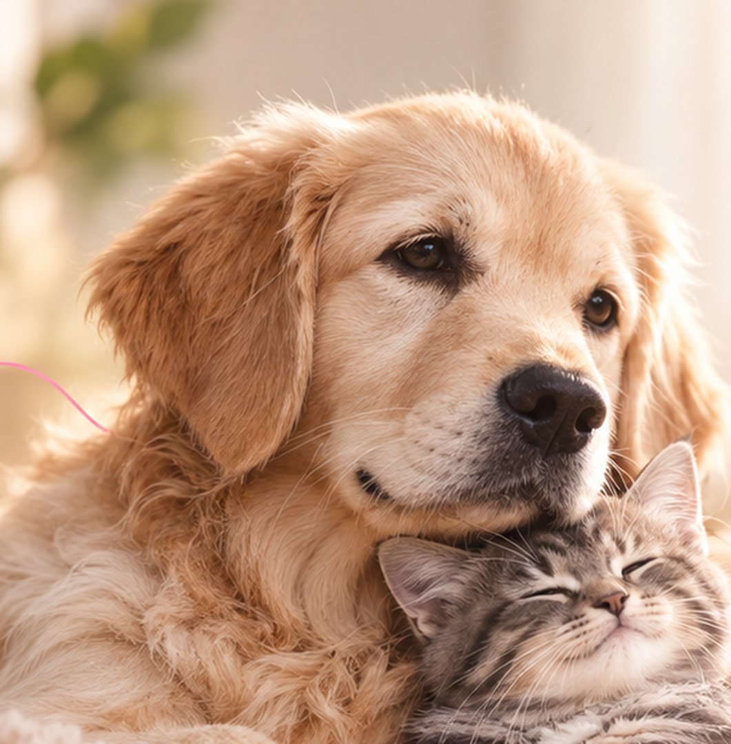 Un perro dorado y un gatito descansando juntos